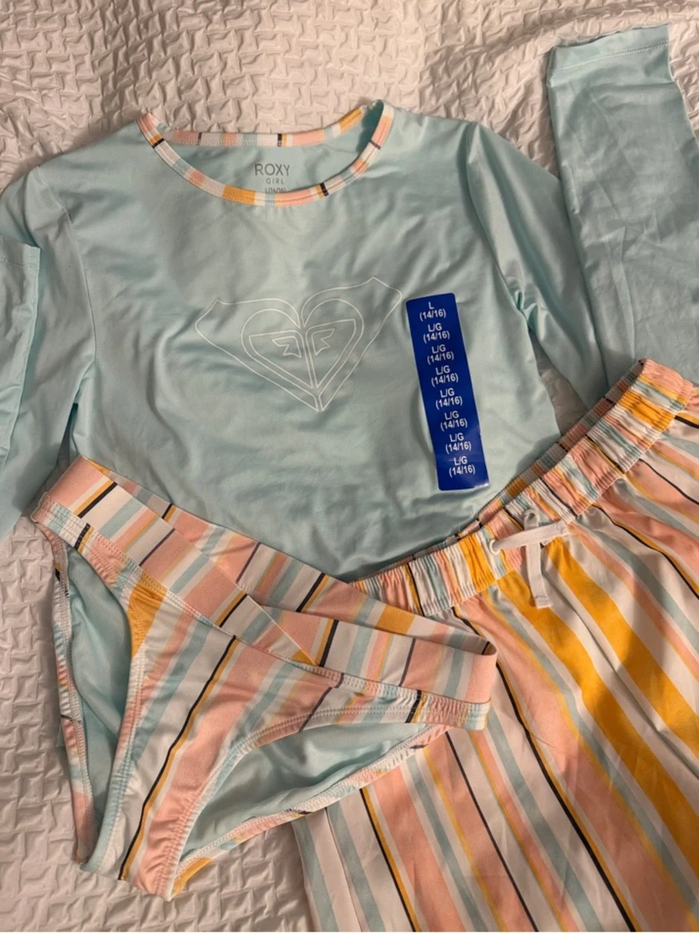 Roxy Girls 3pc Swim Set Rashguard Bikini Shorts L 14/16 UPF 50 Pastel Stripe